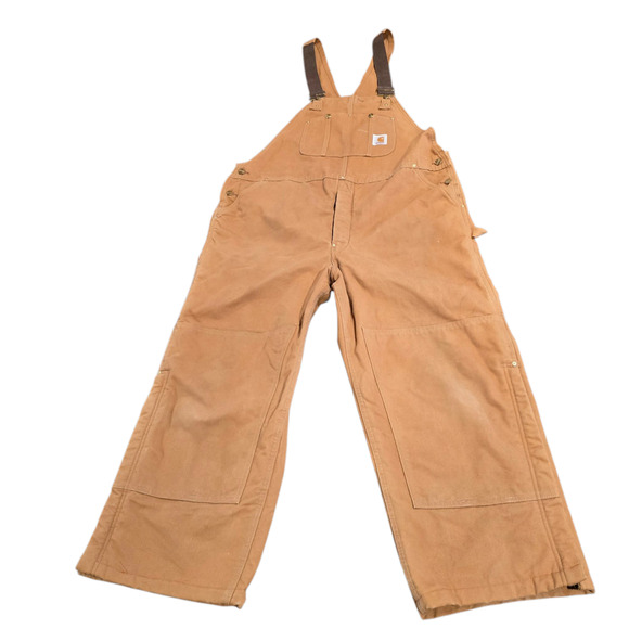 Carhartt Vtg Bib Overall Mens 46x32 ALTERED to 26 Insulated Dbl Knee Workwear - Picture 1 of 13